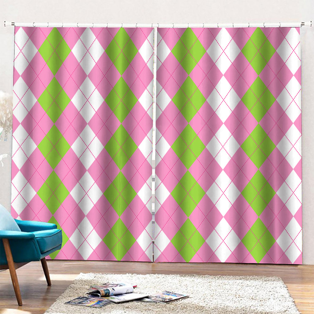 Green Pink And White Argyle Print Pencil Pleat Curtains