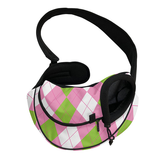 Green Pink And White Argyle Print Pet Sling Carrier