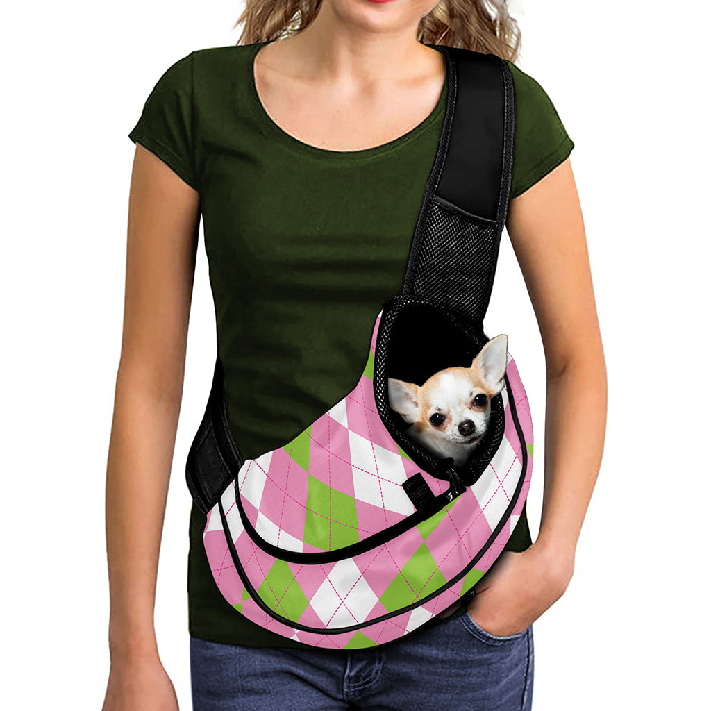 Green Pink And White Argyle Print Pet Sling Carrier