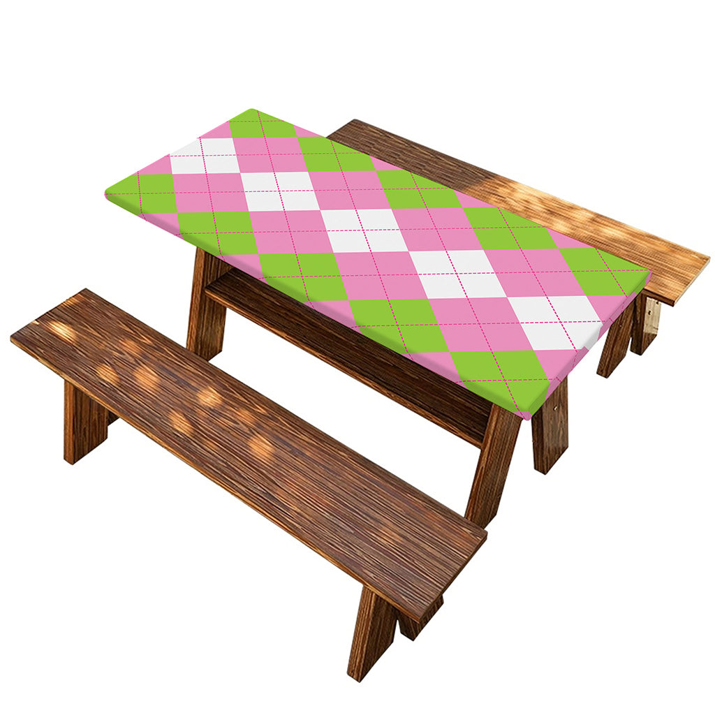 Green Pink And White Argyle Print Picnic Table Cover