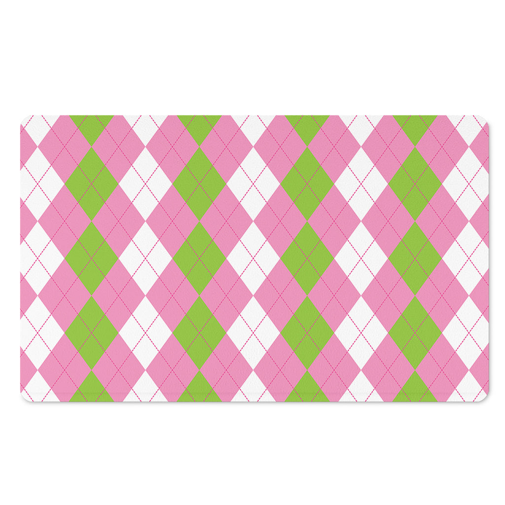Green Pink And White Argyle Print Polyester Doormat