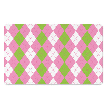 Green Pink And White Argyle Print Polyester Doormat