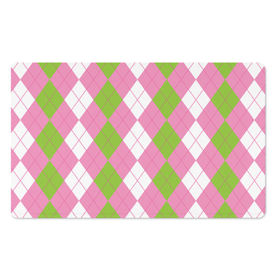 Green Pink And White Argyle Print Polyester Doormat