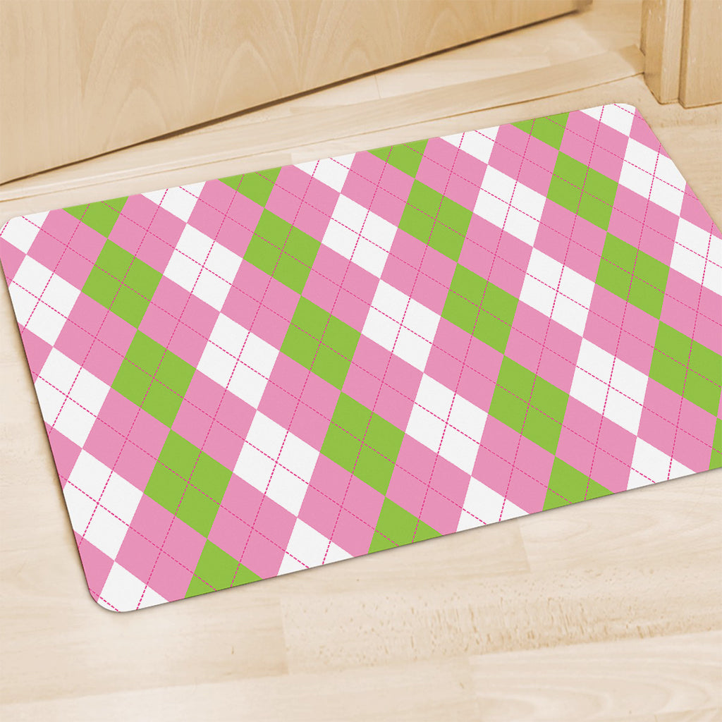 Green Pink And White Argyle Print Polyester Doormat
