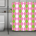 Green Pink And White Argyle Print Polyester Shower Curtain