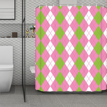 Green Pink And White Argyle Print Polyester Shower Curtain