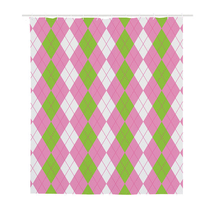 Green Pink And White Argyle Print Polyester Shower Curtain