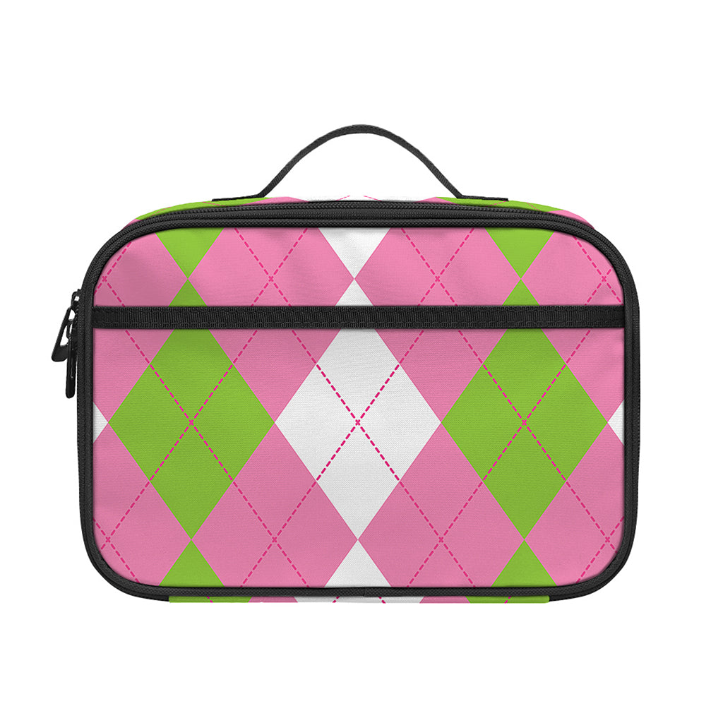Green Pink And White Argyle Print Portable Lunch Bag
