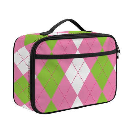 Green Pink And White Argyle Print Portable Lunch Bag