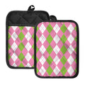 Green Pink And White Argyle Print Pot Holders With Pocket