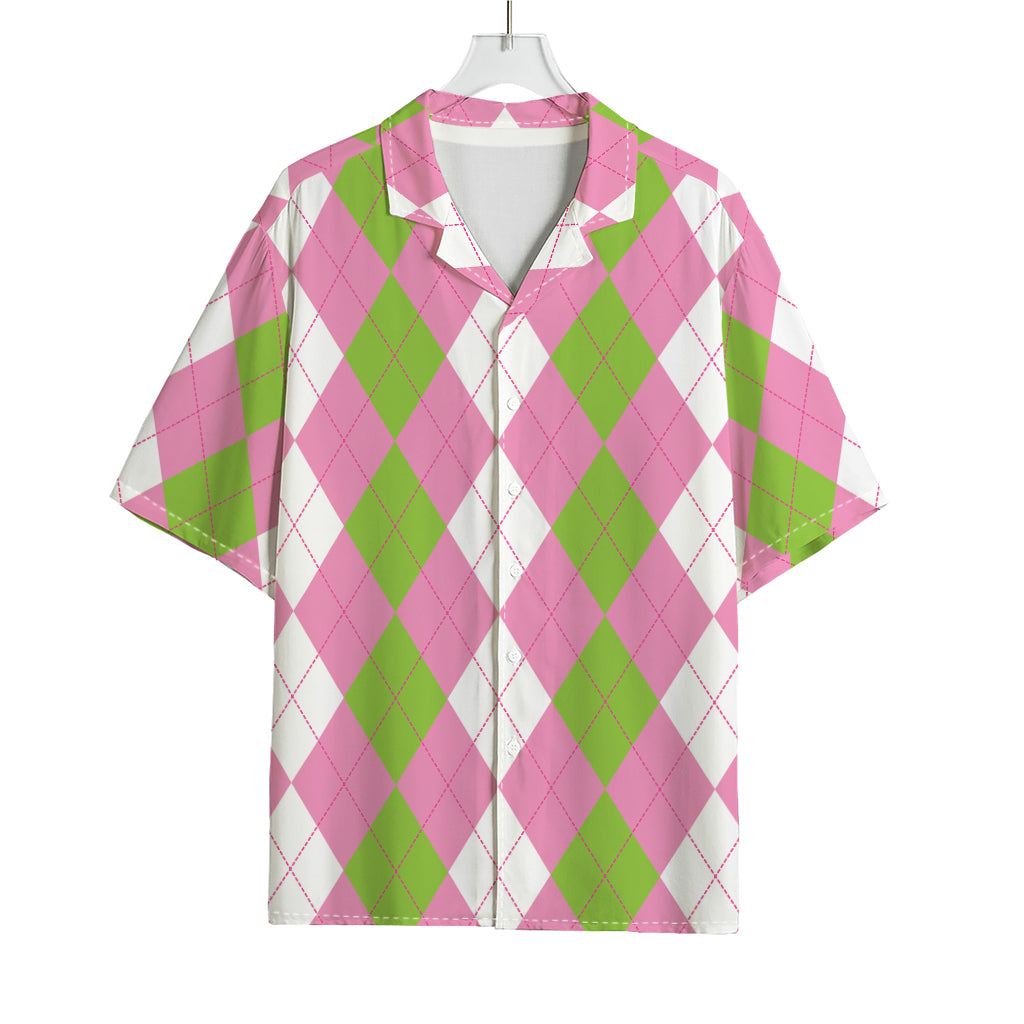 Green Pink And White Argyle Print Rayon Hawaiian Shirt