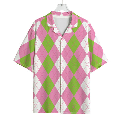 Green Pink And White Argyle Print Rayon Hawaiian Shirt