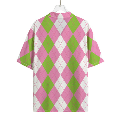 Green Pink And White Argyle Print Rayon Hawaiian Shirt