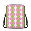 Green Pink And White Argyle Print Rectangular Crossbody Bag