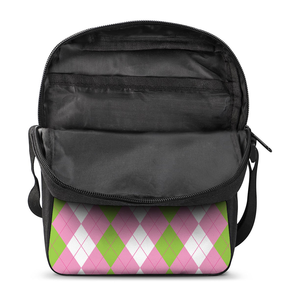 Green Pink And White Argyle Print Rectangular Crossbody Bag