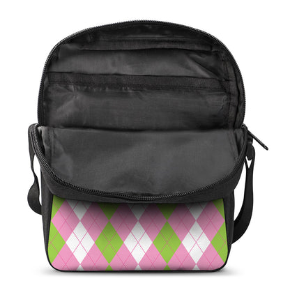 Green Pink And White Argyle Print Rectangular Crossbody Bag