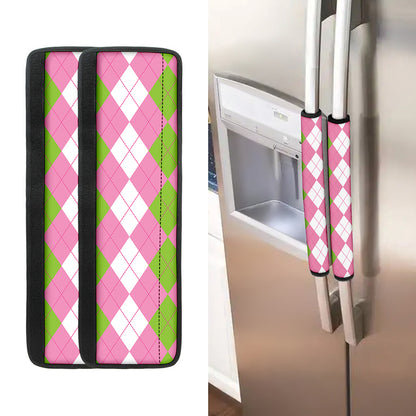 Green Pink And White Argyle Print Refrigerator Handle Covers