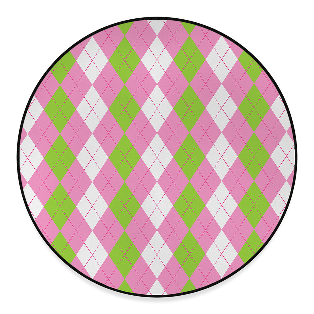 Green Pink And White Argyle Print Round Floor Mat