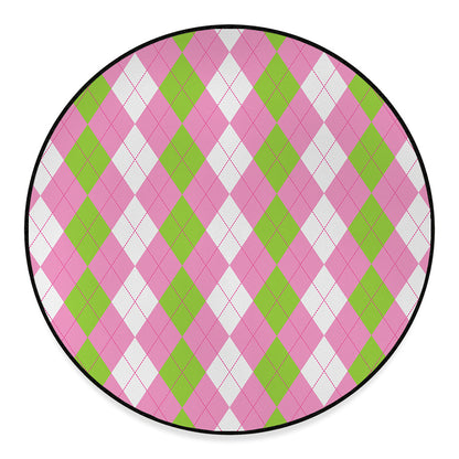 Green Pink And White Argyle Print Round Floor Mat