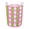 Green Pink And White Argyle Print Round Laundry Basket