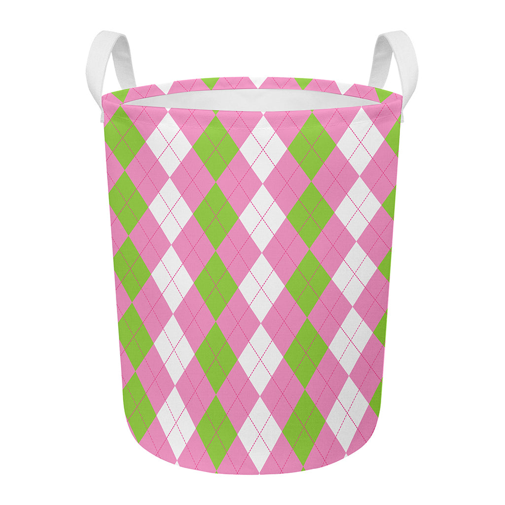 Green Pink And White Argyle Print Round Laundry Basket