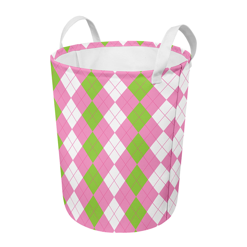 Green Pink And White Argyle Print Round Laundry Basket