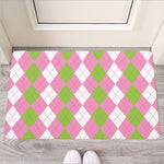 Green Pink And White Argyle Print Rubber Doormat