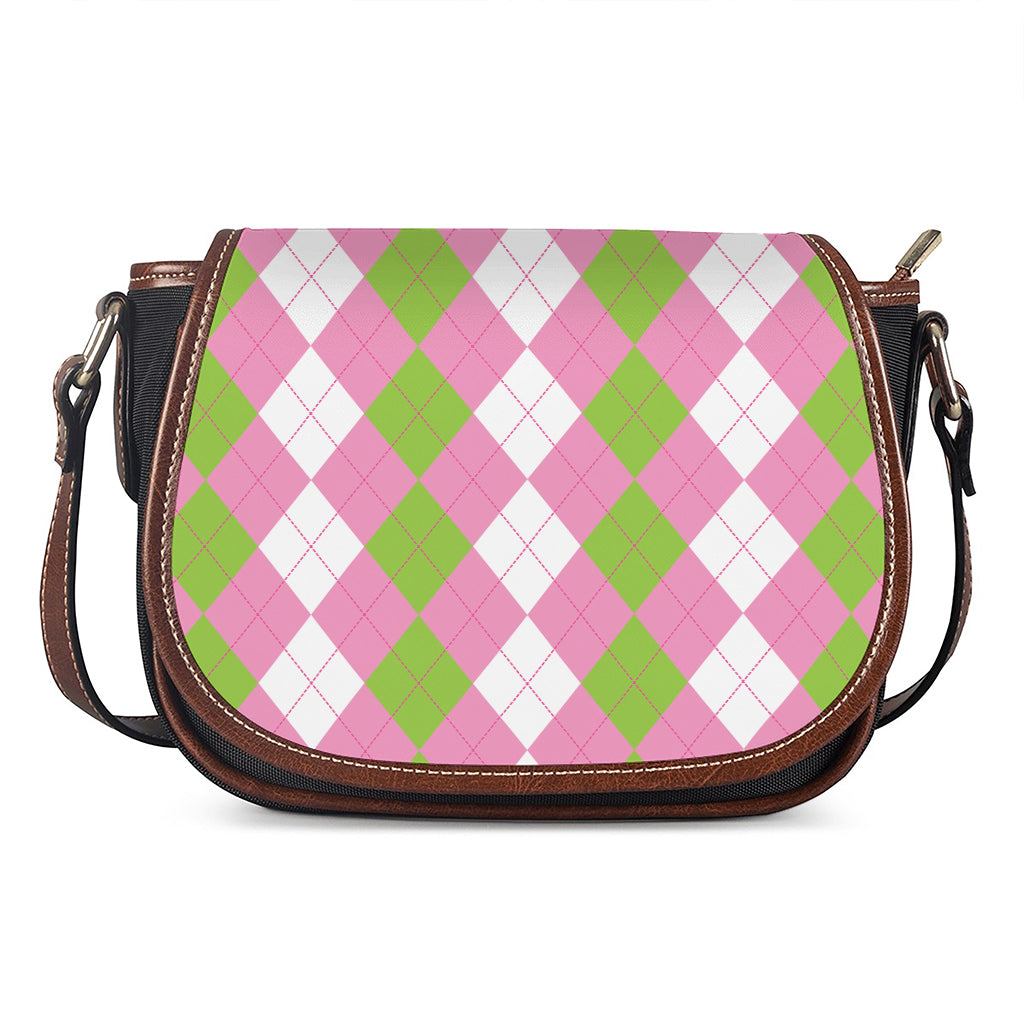 Green Pink And White Argyle Print Saddle Bag
