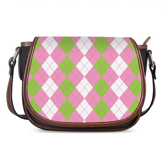 Green Pink And White Argyle Print Saddle Bag