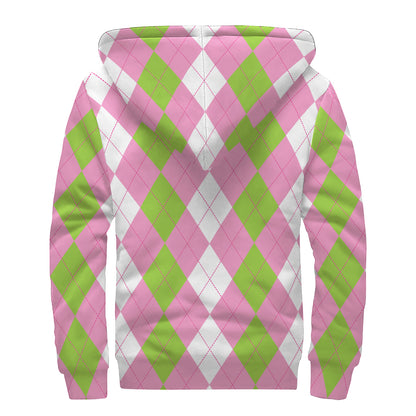 Green Pink And White Argyle Print Sherpa Lined Zip Up Hoodie