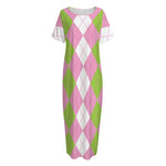 Green Pink And White Argyle Print Short Sleeve Long Nightdress