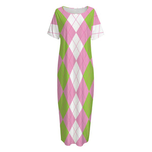 Green Pink And White Argyle Print Short Sleeve Long Nightdress