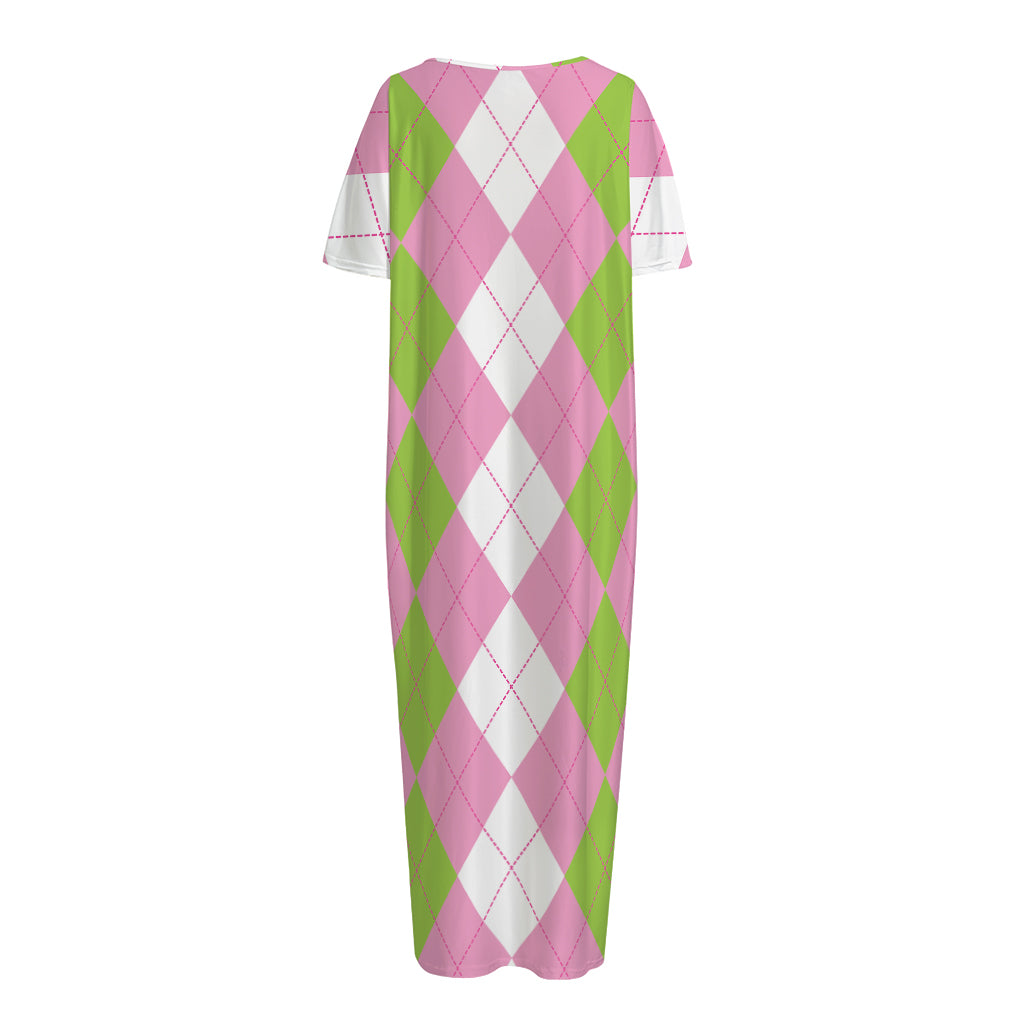 Green Pink And White Argyle Print Short Sleeve Long Nightdress