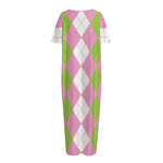 Green Pink And White Argyle Print Short Sleeve Long Nightdress