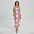 Green Pink And White Argyle Print Short Sleeve Maxi Dress