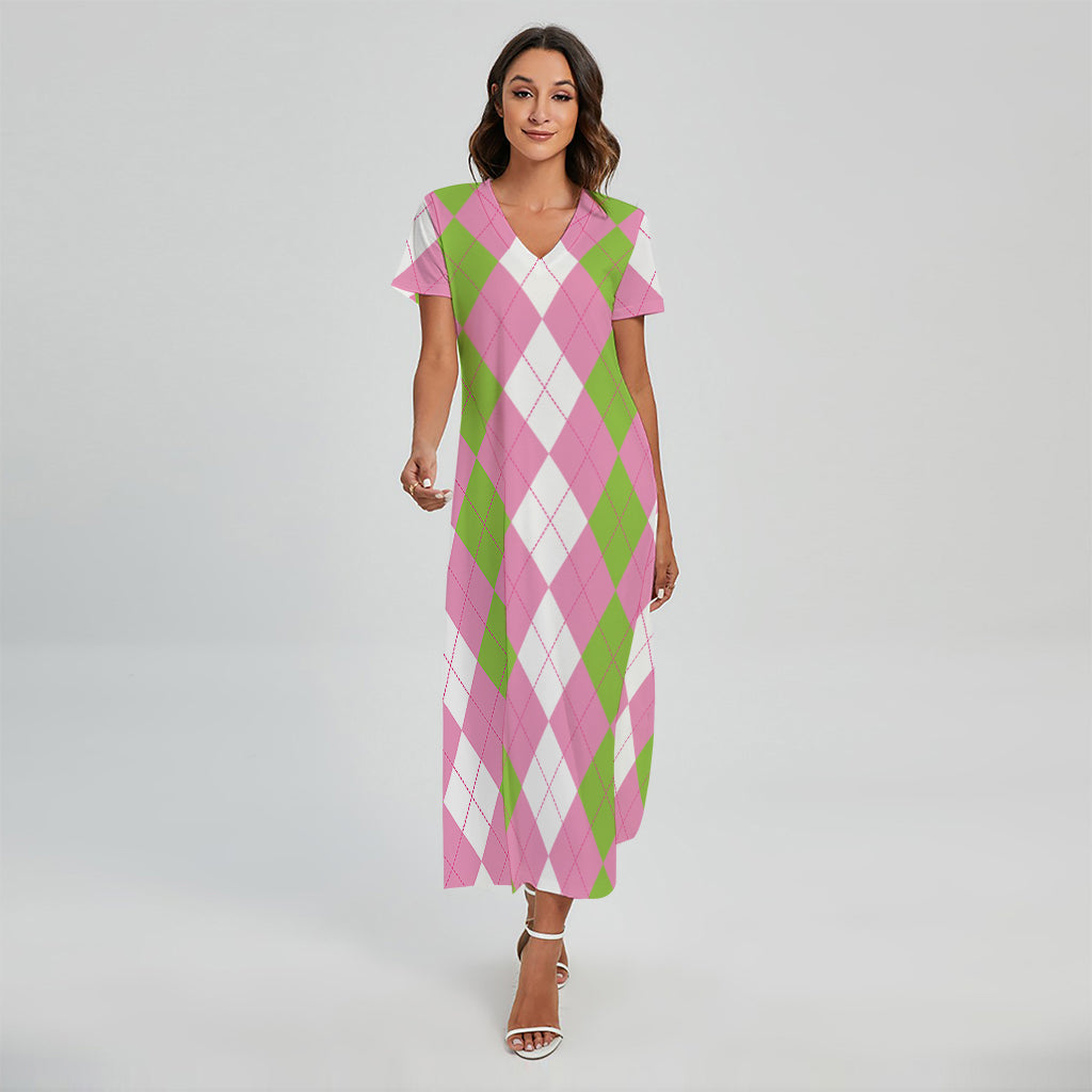 Green Pink And White Argyle Print Short Sleeve Maxi Dress
