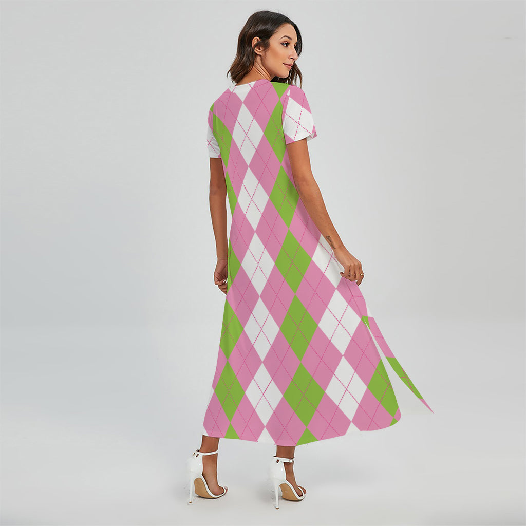 Green Pink And White Argyle Print Short Sleeve Maxi Dress