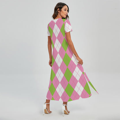 Green Pink And White Argyle Print Short Sleeve Maxi Dress