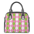 Green Pink And White Argyle Print Shoulder Handbag