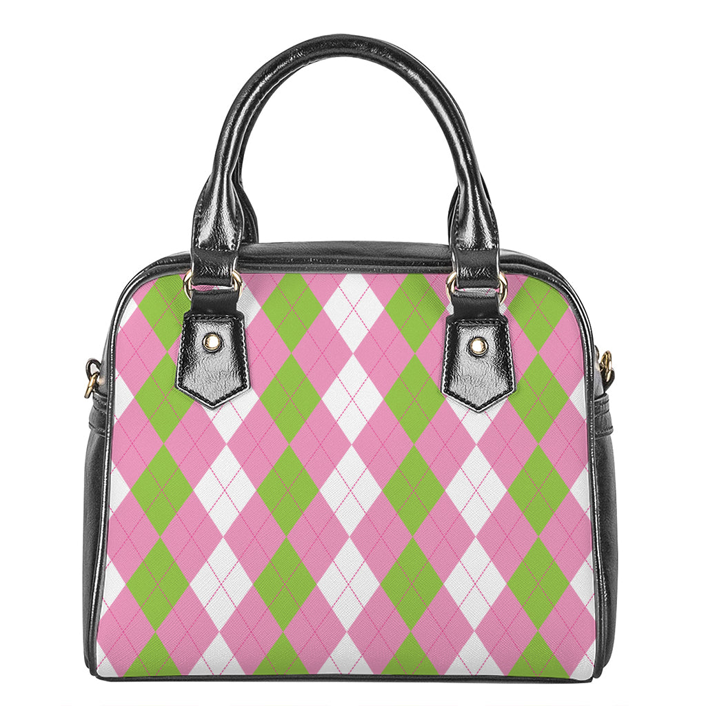 Green Pink And White Argyle Print Shoulder Handbag