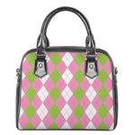 Green Pink And White Argyle Print Shoulder Handbag