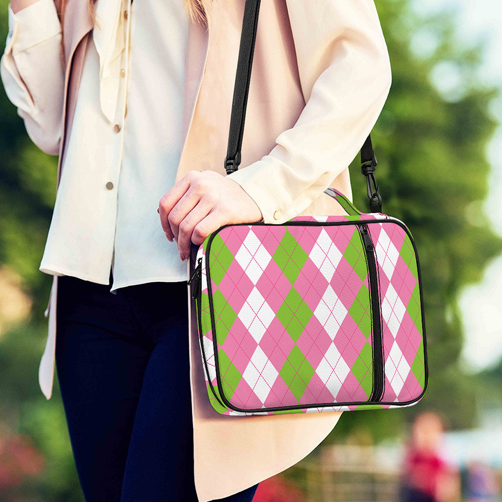Green Pink And White Argyle Print Shoulder Strap Bible Bag