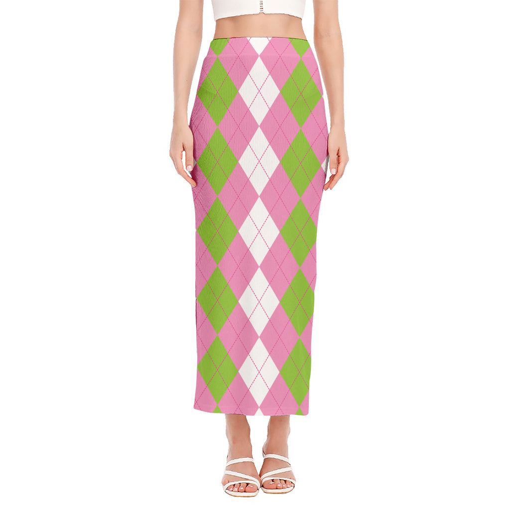 Green Pink And White Argyle Print Side Slit Maxi Skirt