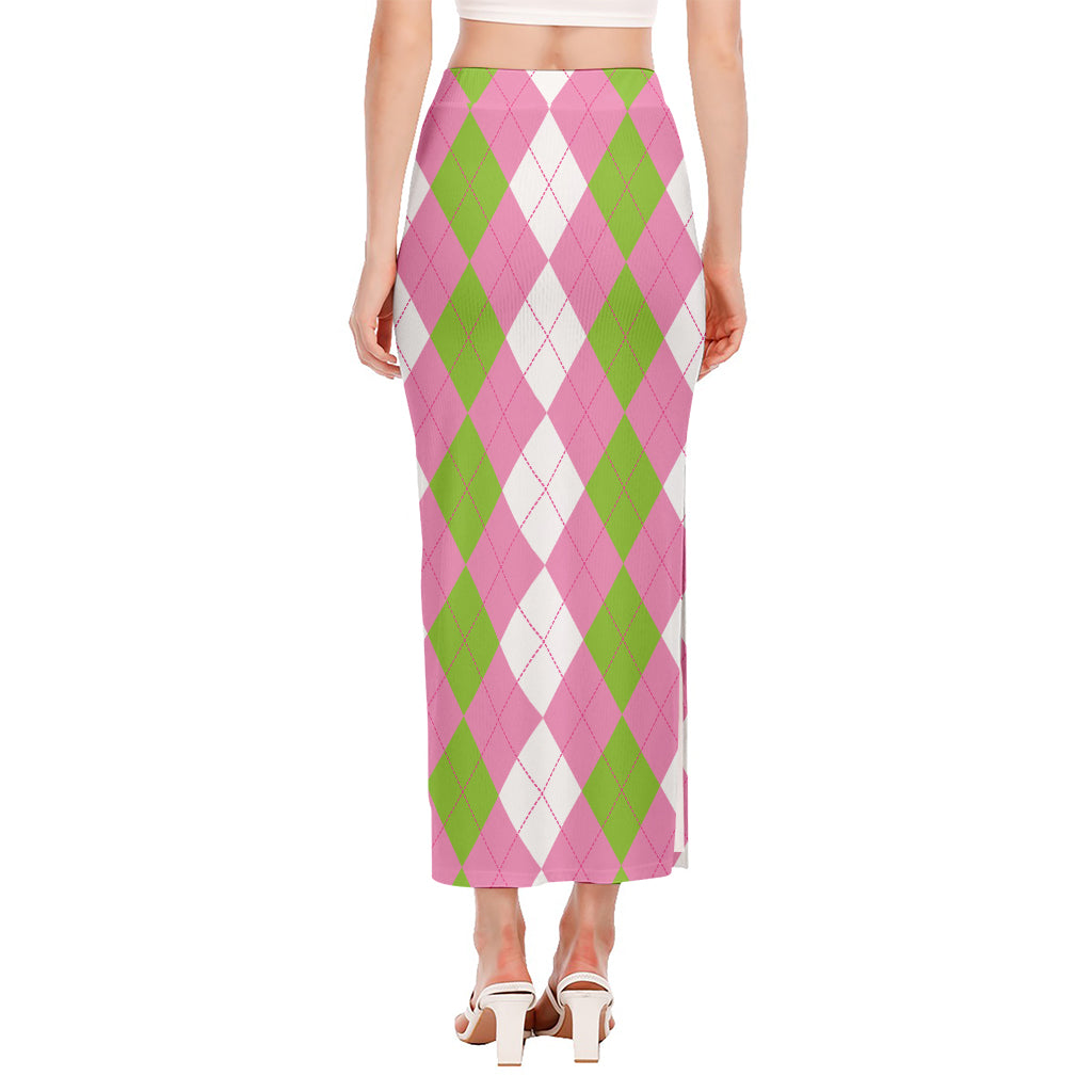 Green Pink And White Argyle Print Side Slit Maxi Skirt