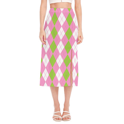 Green Pink And White Argyle Print Side Slit Midi Skirt