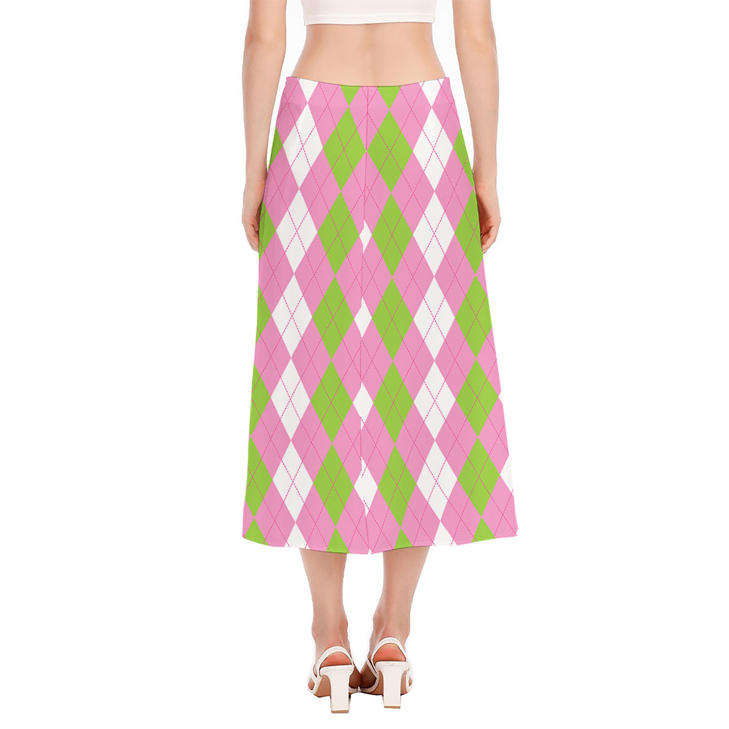 Green Pink And White Argyle Print Side Slit Midi Skirt