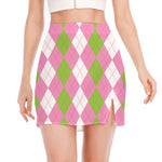 Green Pink And White Argyle Print Side Slit Mini Skirt