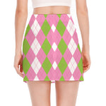 Green Pink And White Argyle Print Side Slit Mini Skirt