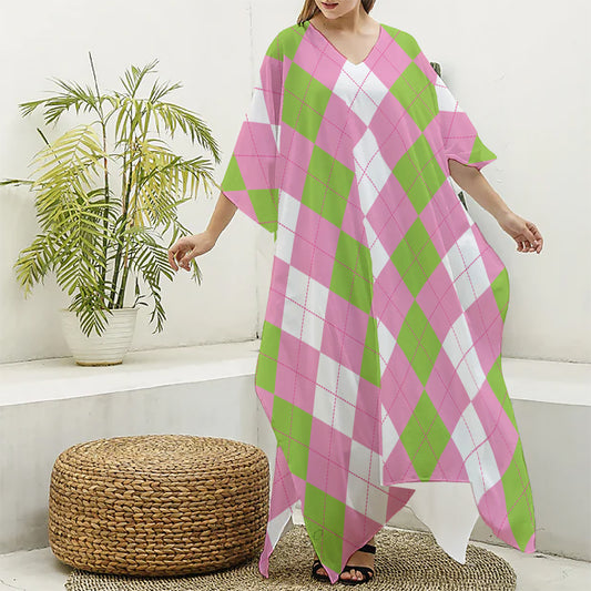 Green Pink And White Argyle Print Silk V-Neck Kaftan Dress