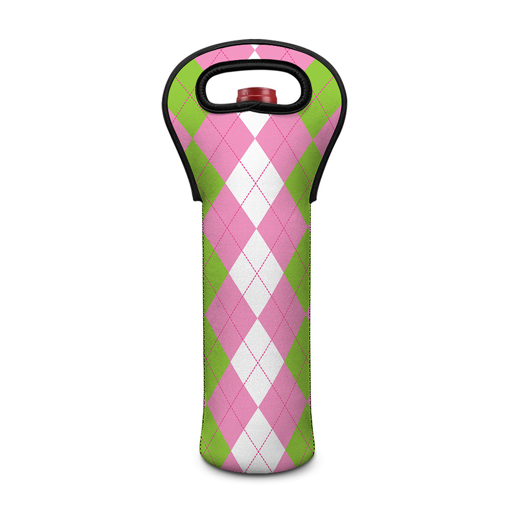 Green Pink And White Argyle Print Single Neoprene Wine Tote